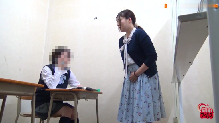 Asian teacher had a stomach ache and she ran to the toilet